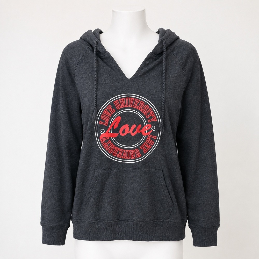Just Be... Love University Graphic Hoodie Charcoal Gray V-Neck Sweatshirt Large